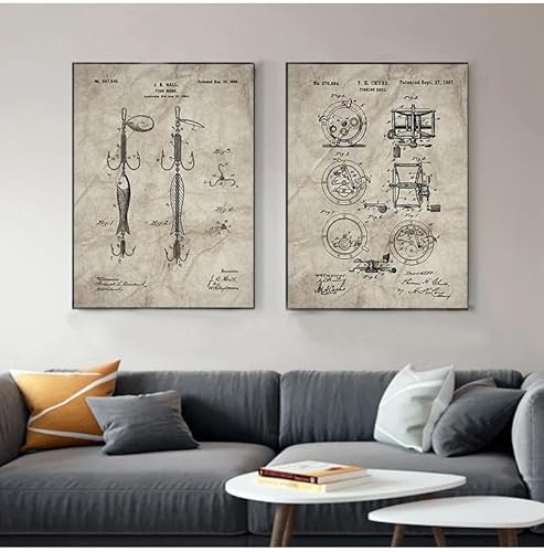 SHUYINGHENGXIE Vintage Angeln Patent Leinwand Poster Angeln Tackle Malerei Druckt Bild Wandkunst Dekoration Kein Rahmen-30x40cmX2 von SHUYINGHENGXIE