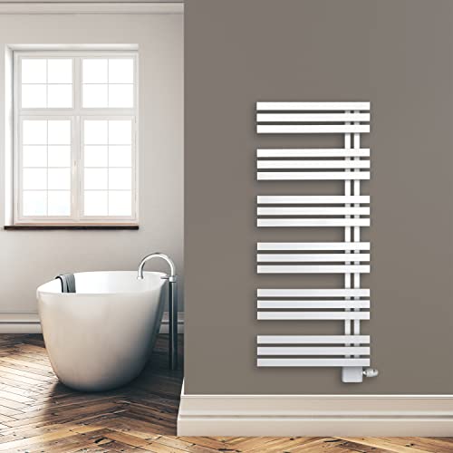 Design Badheizkörper Paneel mit Anschluss links oder rechts | Heizkörper mit versetztem Mittelanschluss (1400 x 600, Weiß) (538 Watt nach EN442) von SHV