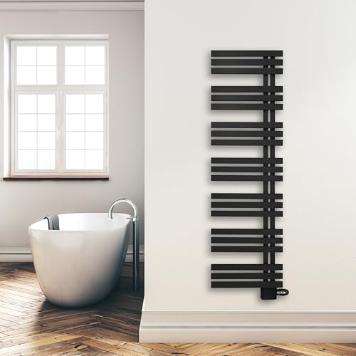 Design Badheizkörper Paneel mit Anschluss links oder rechts | Heizkörper mit versetztem Mittelanschluss (Schwarz, 1600 x 500 mm) von SHV