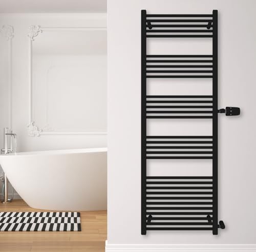 SHV Badheizkörper Andromeda Seitenanschluss schwarz matt | Heizkörper für Badezimmer, Handtuchhalter für Wand im Bad, Handtuchheizkörper, hochwertiger Handtuchtrockner (600x1750 (Anschluss 900) mm) von SHV