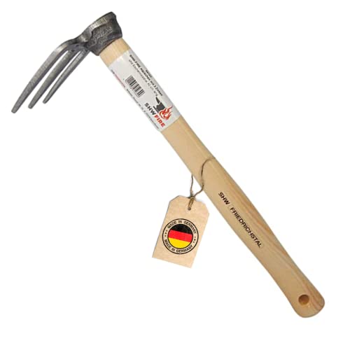 SHW-FIRE Handhacke: 3-Zinken Gartenhacke mit Eschenholzstiel - 40cm kurz - hochwertig geschmiedet von SHW-FIRE