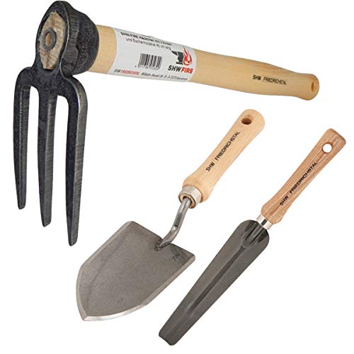 SHW-FIRE Profi Set: Blumenkelle, starker Unkrautstecher und Gartenhacke 3 Zinken mit Holzstiel. Ideal für Gartenarbeit von SHW-FIRE