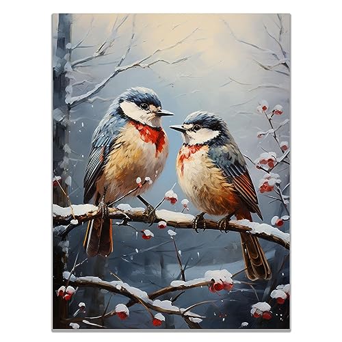 SHYAMIC Bilder Leinwandbild Kunstdruck, Blauer Vogel Paar Wandbild X-Mas Fenster Fotodruck Schneemann Kunstdruck Leuchtbild, Weihnachten Winteridylle Effekt - 20x30cm Ungerahmt von SHYAMIC