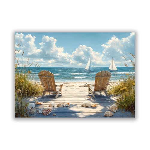 SHYAMIC Bilder Strand Meer, Strandkörbe und Muscheln Leinwandbilder Bild auf Leinwand Wandbild Kunstdruck Wanddeko Wand Wohnzimmer Wanddekoration Deko Landschaft - 50x70cm Ungerahmt von SHYAMIC