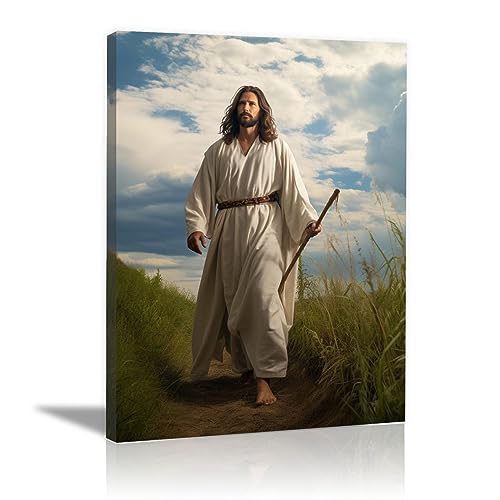 SHYAMIC Christus Wanddekoration Jesus Wandkunst auf Leinwand, Weiß, grün Nordic Plakat Und Drucke Reine Heilige Wandbilder Für Wohnzimmer，moderne Kunstwerke für Schlafzimmer - 40x60cm Gerahmt von SHYAMIC