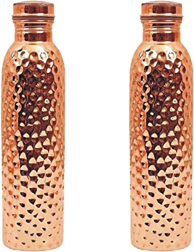 SHYAMVUN Drinking Water Botle Copper Drinking Bottle Pure Natural Bottle Water Bottle with Lid and Carry Bag 34 oz/1000 ml Leak-Proof Ayurveda Copper Bottle for Office and Yoga (Hammered SET OF 2) von SHYAMVUN