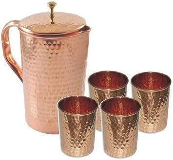 SHYAMVUN Jug and Set of 4 Cups for Ayurveda Health Benefits | Hammered Water Jug with 4 Hammered Mugs (HAMMERED, WITH 4 GLASSES) von SHYAMVUN