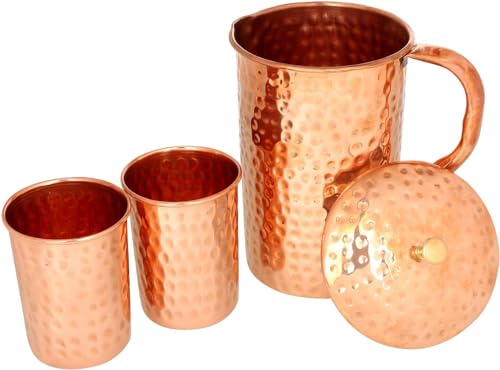 SHYAMVUN Pure Copper Water Jug (99.72%) | Copper Jug for Ayurveda Health Benefits (HAMMERED, WITH 2 GLASSES) von SHYAMVUN