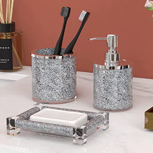 SHYFOY Badezimmer-Zubehör-Set, 3-teilig, silberfarbene Kristalle, zerkleinerter Diamant, Badezimmer-Zubehör-Dekor-Sets, Glas-Bade-WC-Set, Zahnbürstenhalter, Seifenschale von SHYFOY