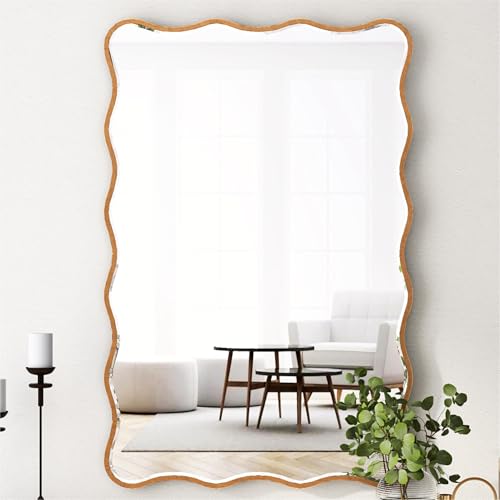 SHYFOY Wandspiegel Goldfarbener Asymmetrisch Spiegel mit Gewelltem Rahmen Rechteckiger Dekorativer Moderner Hängender Spiegel für Badezimmer Schlafzimmer Wohnzimmer Zuhause SHYFOY Wandspiegel Goldfarbener Asymmetrisch Spiegel mit Gewelltem Rahmen Rechteckiger Dekorativer Moderner Hängender Spiegel für Badezimmer Schlafzimmer Wohnzimmer Zuhause von SHYFOY