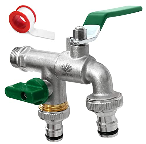 SHYNE Premium 3/4 Zoll Doppel-Wasserhahn aus Messing rost-, und frostsicher + 2X Gratis Schlauchanschlüsse + PTFE Band + Ebook | für Garten, Waschmaschine, Regentonne (2er Pack) von SHYNE