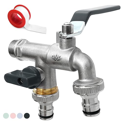 SHYNE Premium 3/4 Zoll Doppel-Wasserhahn aus Messing rost-, und frostsicher + 2X Gratis Schlauchanschlüsse + PTFE Band + Ebook | für Garten, Waschmaschine, Regentonne (2er Pack) von SHYNE