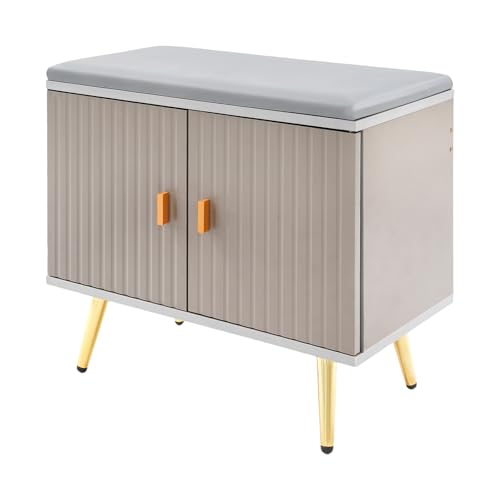 2 Ebenen Schuhbank mit Sitzfläche, Sitzbank mit Stauraum, Türen und Sitzkissen, Schuhregal für Wohnzimmer, Flur, bis 100 kg belastbar (Hellgrau+Gold) von SHZICMY