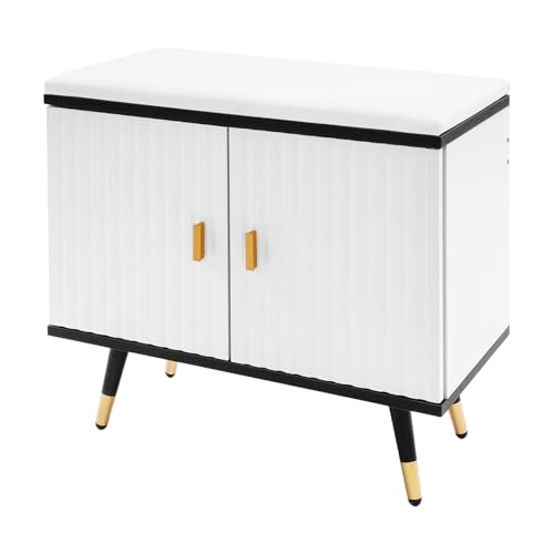 2 Ebenen Schuhbank mit Sitzfläche, Sitzbank mit Stauraum, Türen und Sitzkissen, Schuhregal für Wohnzimmer, Flur, bis 100 kg belastbar (Schwarz+Weiß+Gold) von SHZICMY