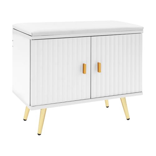 2 Ebenen Schuhbank mit Sitzfläche, Sitzbank mit Stauraum, Türen und Sitzkissen, Schuhregal für Wohnzimmer, Flur, bis 100 kg belastbar (Weiß+Gold) von SHZICMY