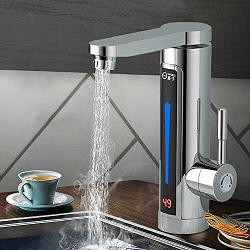 3300 W Elektrischer Warmwasserhahn LED-Umgebungslicht-Temperaturanzeige 360 ° Drehbar Sofortiger Warmwasserhahn Edelstahl 304 Durchlauferhitzer Wasserhahn mit Schlauch von SHZICMY