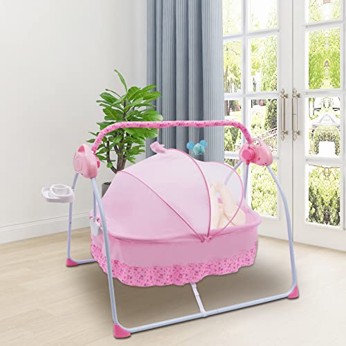 SHZICMY Babywiege Babybett Elektrische, Babyschaukel Elektrisch, Automatischer Schaukelstuhl mit Bluetooth MP3 Musik Player, Auto Swing intelligente Steuerung Baby Crib, 180° Drehbar (Rosa) von SHZICMY