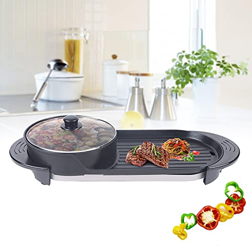 Elektrischer Grill Hot Pot 2-in-1Tragbarer Hot Pot + Barbecue Grill Doppelt einstellbarer Thermostat 5-Gang-Regler mit Anti Trocken Funktion für Innenbereich/koreanischer Grill 2200W von SHZICMY