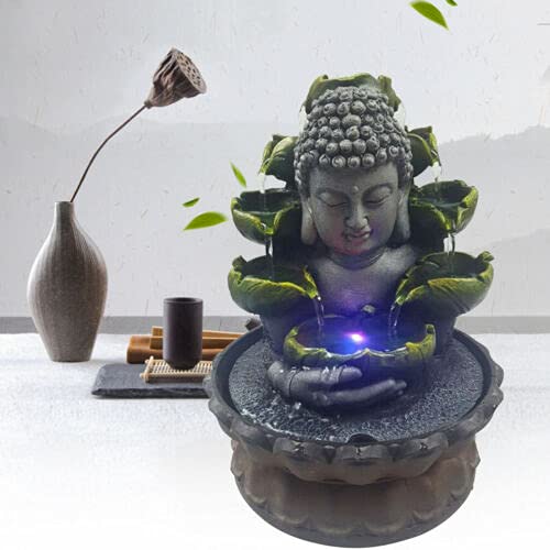 Harz Buddha Dekor Lotus Fließendes Wasser ​Waterfall Fountain Zimmerbrunnen Zuhause Büro Buddha Wasserlandschaft Feng Shui Ornament mit 4-Farbigem LED-Brunnen (Stil 1) von SHZICMY