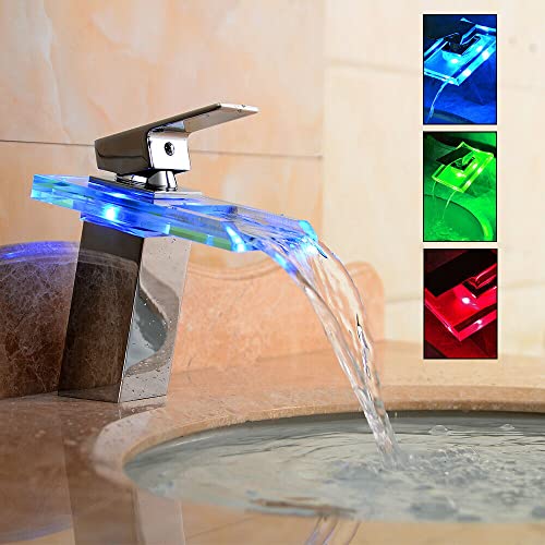 LED Wasserhahn Waschtischarmatur mit 3 Farbwechsel Beleuchtung Wasserfall Wasserhahn Spültischarmaturen für Badezimmer von SHZICMY