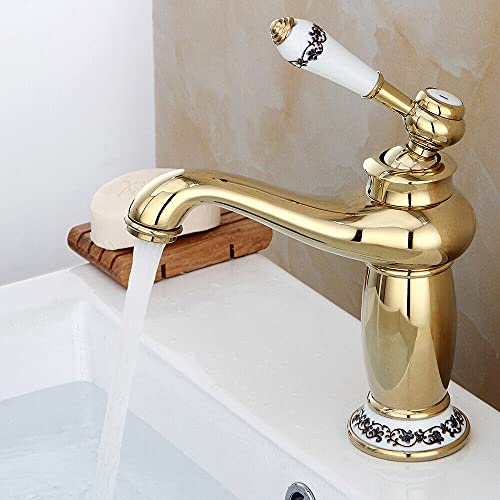 Retro Bad Wasserhahn Messing Waschbecken Wasserhahn für Badezimmer, Küche, Vintage Waschtischarmatur +Schläuc (Gold) von SHZICMY