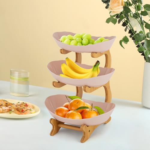 SHZICMY Obstkorb Keramik 3 Stöckig Obstschale Obst Etagere Serviertablett Drei Keramikteller Abnehmbaren mit Natürlichem Bambus Ständer für Obst Nüssen Snacks (Braun) von SHZICMY