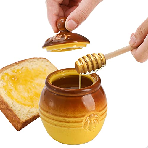 SHZMJL Porzellan Honig Glas, Keramik Honig Topf mit Holz Dipper und Deckel, Honigbehälter und Honig Löffel,8.8 Oz Honig Glas Biene geprägter Honig Aufbewahrungsbehälter für Küche von SHZMJL