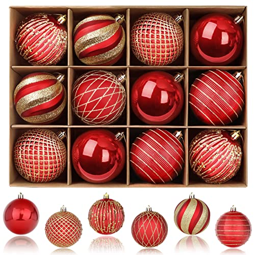 SHareconn Weihnachtskugeln Ornamente, 80 mm, 12 Stück, farbige, bruchsichere Kunststoffkugeln, dekoratives Baumschmuck-Set für Weihnachtsbaum, Urlaub, Party, Hochzeit mit Haken, Rot & Gold von SHareconn