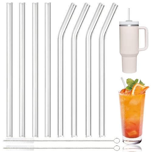 SI SEN 8 Stück Glas Strohhalm Wiederverwendbar, Glasstrohhalme(4 Gerade + 4 Gebogen), Trinkhalme Glas mit 2 Reinigungsbürsten, Glasstrohhalme Lang für Cocktails, Smoothie und Säfte von SI SEN