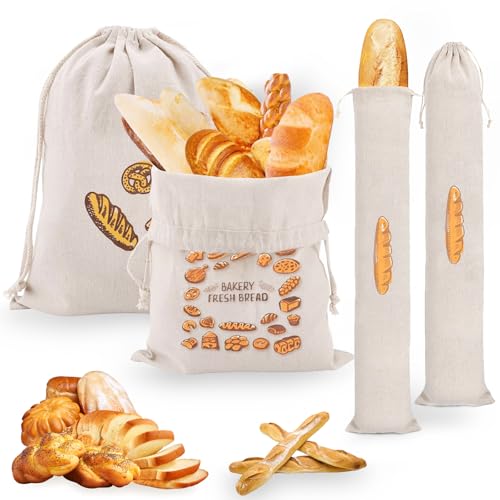 SI SEN Brotbeutel Leinen 4er Set (2x 38x31cm,2x 64x16cm),Brötchenbeutel zur Brotaufbewahrung,mit Kordelzug,Brotsack Aufbewahrung Frischhalten,für Brot,Baguette,Obst,Gemüse von SI SEN