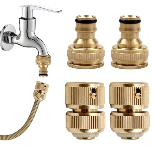 SI SEN Garten Wasserhahn Adapter, 4 Stück/Set Wasseranschluss Adapter, Messing 1/2" Gartenschlauch Anschluss, 2-in-1 Wasserhahn Adapter(1/2" und 3/4" Schläuche), für Reparatur und Verbindung von SI SEN