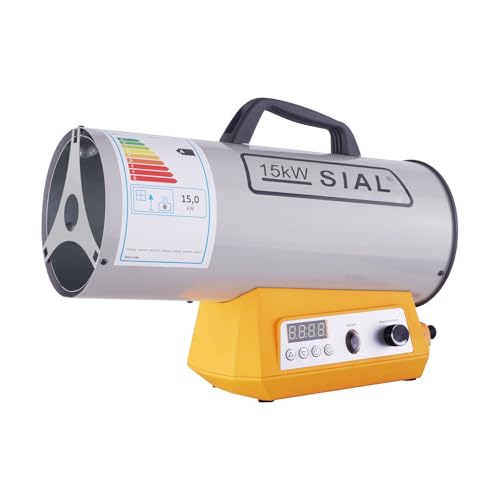 SIAL 15kW Gasheizgebläse Heizkanone Gasheizer Heißluftgebläse Bauheizer Heißluftgenerator Gas Heizgerät Heizstrahler Elektronischer Thermostat/Automatische Abschaltung, Silber von SIAL