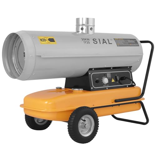 SIAL 20 kW Indirekte Ölheizer Heizkanone Diesel Bauheizer Bautrockner 800 m³/h Heizgebläse 32 L Tank mit Thermostat/Überhitzungsschutz Silber IY20 von SIAL