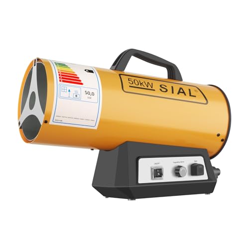 SIAL 50kW Gasheizer Gasheizgebläse Heizkanone Heißluftgebläse Bauheizer Heißluftgenerator Gas Heizgerät Heizstrahler Mechanischer Schalter/Piezo-Zündung, Gelb von SIAL