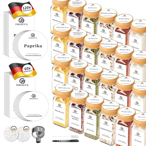 SIAZIH 24 Holzkappen für viereckige Flaschen[inkl.120 deutsche und 60 DIY Gewürzetiketten ] - Gewürzdosen Set Glas - Gewürzbehälter Spice Jars - Gewürze Aufbewahrung - Gewürzgläser Bambusdeckel von SIAZIH