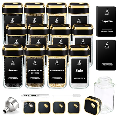 SIAZIH Gewürzstreuer mit Edel Schwarzgoldener Deckel, Gewürzgläser Gold (12x120ml), Gewürzbehälter Set, Gewürzetiketten, Gewürzdosen Glas für die Ordentliche Aufbewahrung von Gewürzen von SIAZIH