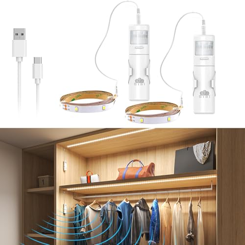 Bewegungsmelder-Streifen, 2 m, 3 Schließzeiten und einstellbare Helligkeit, LED-Lichtstreifen, batteriebetrieben, SIBI LED-Lichtstreifen für Kleiderschrank, Schrank, Treppen, Unterschrank, 2 Stück von SIBI LIGHTING