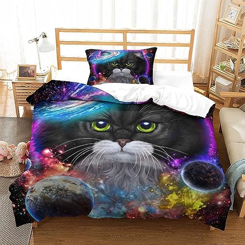 SIBREA SchlafzimmerBettwäscheset Katze im Galaxy Space Cosmos 2-teilig Queen Mikrofaser Einfache Atmosphäre für alle JahreszeitenGröße: 135 x 200 cm (1 Bettbezug mit 1 Kissenbezug) von SIBREA