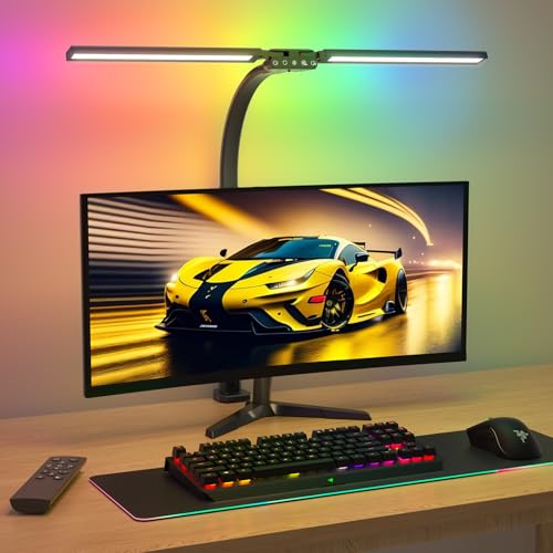 SIBRILLE RGB Doppelkopf Schreibtischlampe LED dimmbar, 22W 80CM Klemmbare Tageslichtlampe mit Fernbedienung, drehbare Tischlampe Augenschutz Schwanenhals Büro Monitorlampe (5 Farbtemperaturen) von SIBRILLE