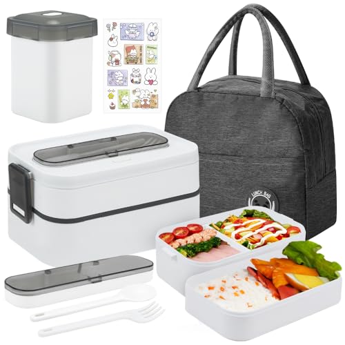 2 Tier(1600ml) Lunch Box, Bento Box mit Besteck Isolierte Tasche, Bento Lunch Boxen mit justierbaren Fächern,Portable Lecksichere Lebensmittel Container Lunchbox für Erwachsene Studenten Office School von SICANAUO