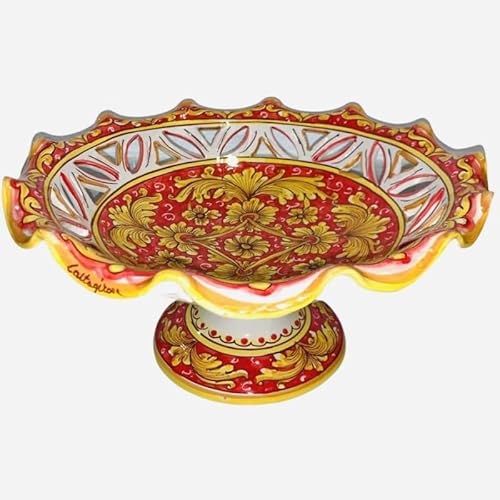 SICILIA BEDDA CAPACI Caltagirone Keramik-Obstschalen-Mittelstückständer, 3 Größenoptionen (1 Stück), Barock und Blumen auf rotem Hintergrund - Durchmesser 30cm von SICILIA BEDDA CAPACI