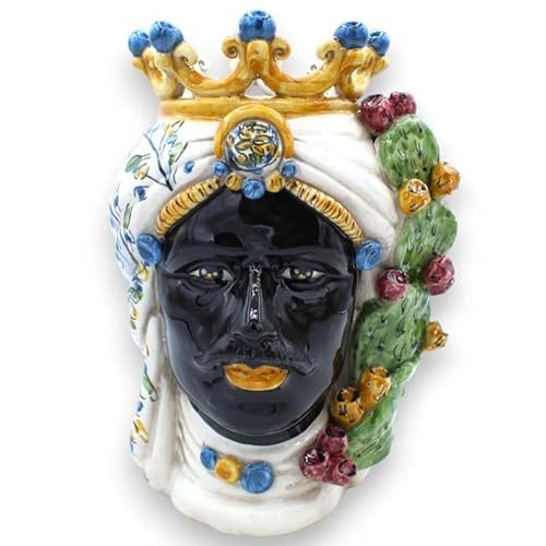 SICILIA BEDDA CAPACI Dunkelbrauner Kopf aus Caltagirone-Keramik, ca. H 25 cm. (1 Stück) mit Krone, Feigenkaktusschaufel und Blumendekoration - Dunkler Mann von SICILIA BEDDA CAPACI