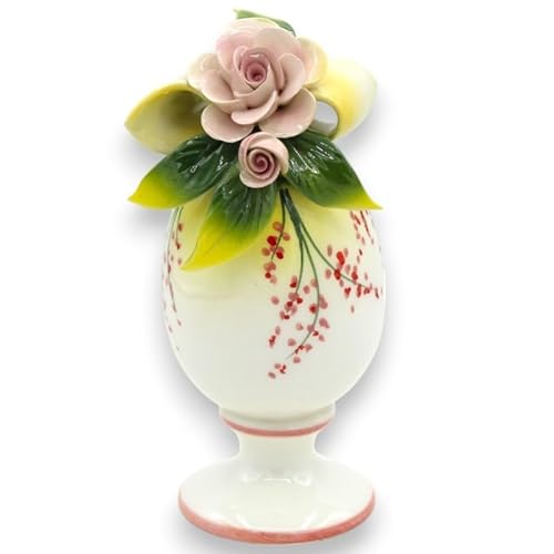 SICILIA BEDDA CAPACI Ei mit Stiel, Feinkeramik, H 14 x 7 cm ca. Anwendung von gelbem Band, rosa Blumen und Blättern von SICILIA BEDDA CAPACI