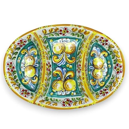 SICILIA BEDDA CAPACI Ovale Antipasti-Schale mit 3 Fächern, Caltagirone-Keramik – L 37 x 26 cm ca. Dekoration aus dem 17. Jahrhundert, Zitronen und Bl von SICILIA BEDDA CAPACI