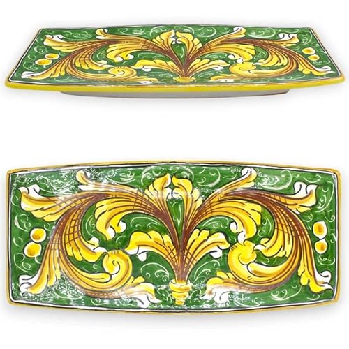 SICILIA BEDDA CAPACI Rechteckiges Tablett, Caltagirone-Keramik, Servierplatte, DREI Größenoptionen (1 Stück) Barockdekor und grüner Hintergrund - L 30 x 13,5 cm ca. von SICILIA BEDDA CAPACI