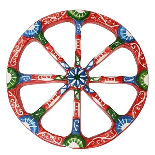 Sizilianisches Wagenrad aus Caltagirone-Keramik, ca. Ø 23 cm. roter und Blauer Hintergrund von SICILIA BEDDA CAPACI