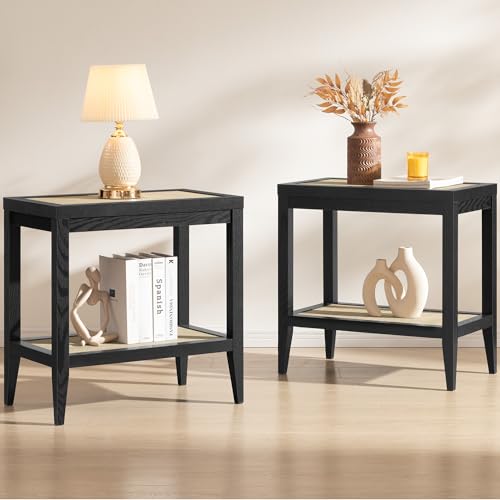 SICOTAS Rattan Nachttische 2er Set - Boho Regal Nachttische Schmaler Beistelltisch Wohnzimmer 2er Set Beistelltisch mit Rattan Aufbewahrungsregalen für kleinen Raum - Schwarze Eiche SICOTAS Rattan Nachttische 2er Set - Boho Regal Nachttische Schmaler Beistelltisch Wohnzimmer 2er Set Beistelltisch mit Rattan Aufbewahrungsregalen für kleinen Raum - Schwarze Eiche von SICOTAS