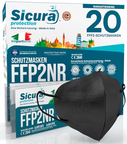 20x FFP2 Maske Schwarz CE Zertifiziert Filterklasse BFE ≥99% FFP2 Masken SANITIZIERTE Einzeln versiegelte Atemschutzmaske CE Hergestellt verpackt in Italien von SICURA MASCHERINE CHIRURGICHE