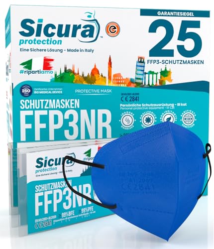 25 FFP3-Masken CE-zertifiziert COBALTBLAU Schwarze Gummibänder Made in Italy geprägtes SICURA-Logo PFE ≥99% BFE ≥99% SANITIZED einzeln versiegelte Maske von SICURA MASCHERINE CHIRURGICHE