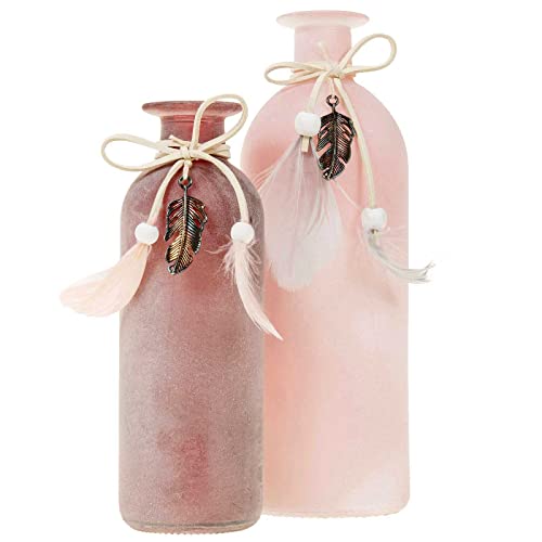 SIDCO Blumenvase 2 x Vase Flasche Glas Federn rosa Beeren Flaschenvase pink Deko von SIDCO
